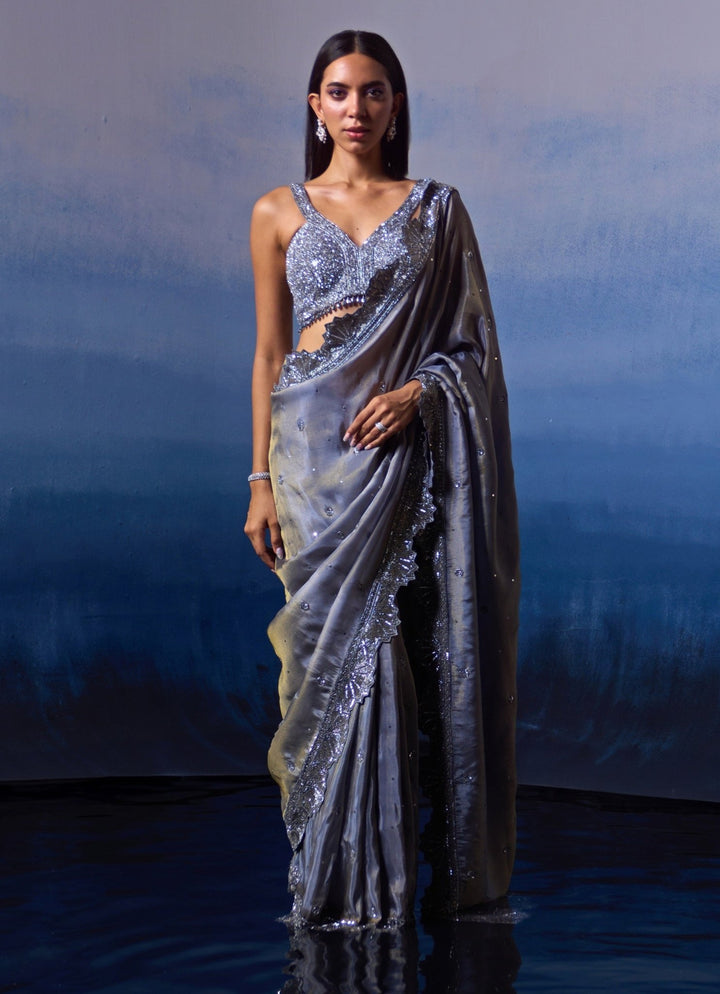 Metallic Grey Tissue Sequinned Saree Angad Singh - Fabilicious Fashion