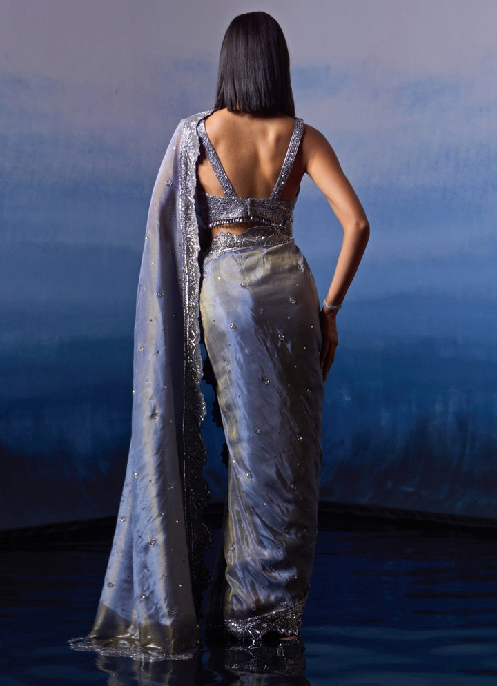 Metallic Grey Tissue Sequinned Saree Angad Singh - Fabilicious Fashion