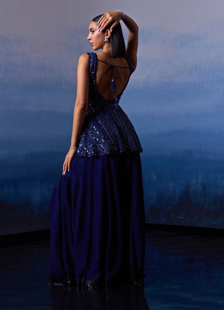 Midnight Blue Embellished Peplum Top with Sharara Angad Singh - Fabilicious Fashion