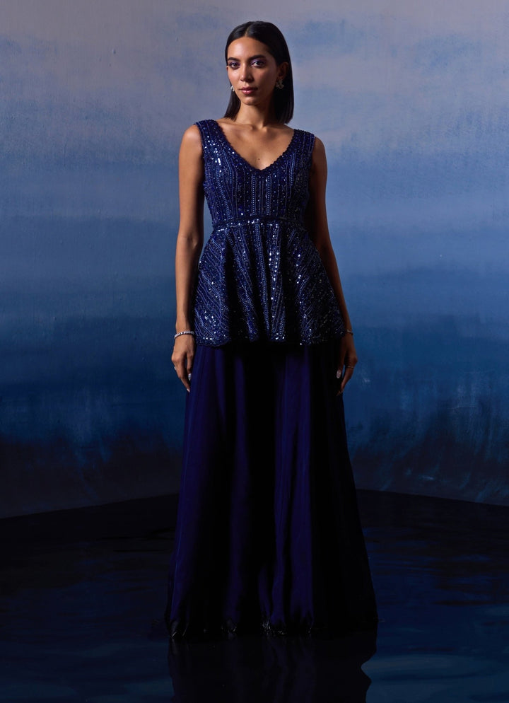 Midnight Blue Embellished Peplum Top with Sharara Angad Singh - Fabilicious Fashion
