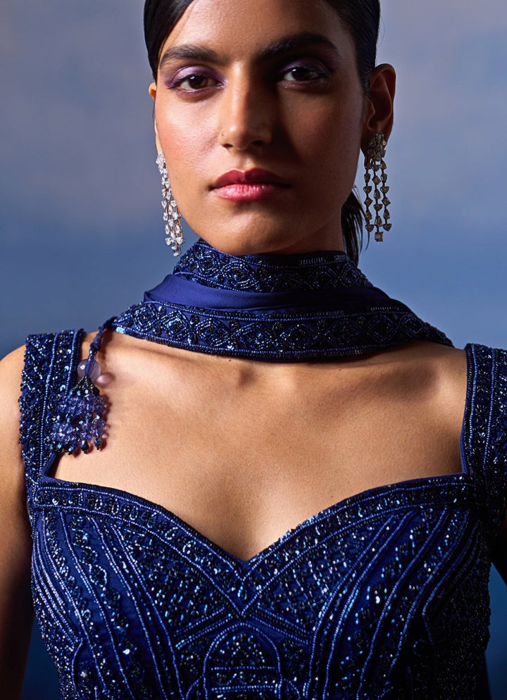 Midnight Blue Embellished Satin Saree Angad Singh - Fabilicious Fashion