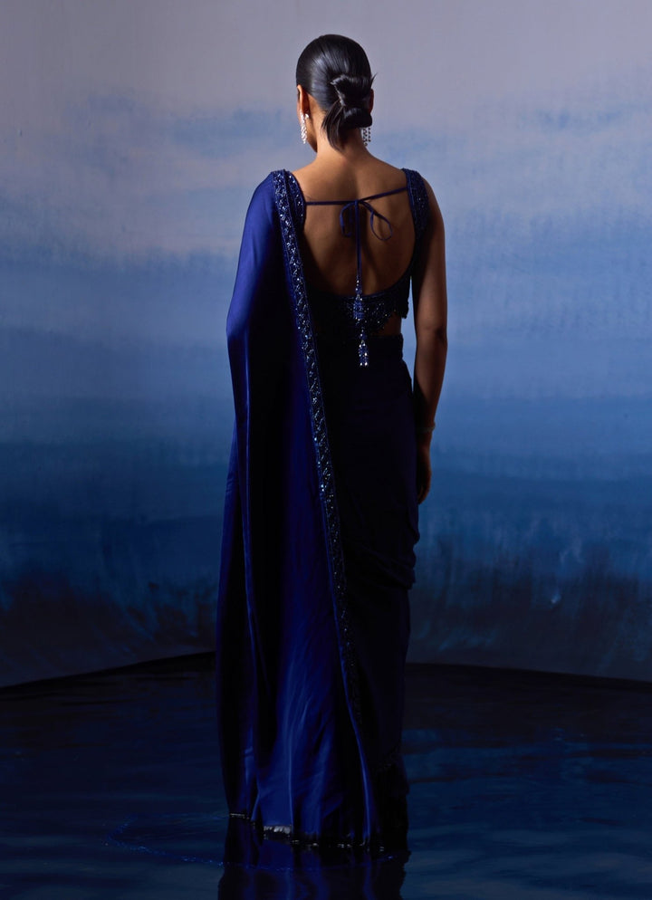 Midnight Blue Embellished Satin Saree Angad Singh - Fabilicious Fashion