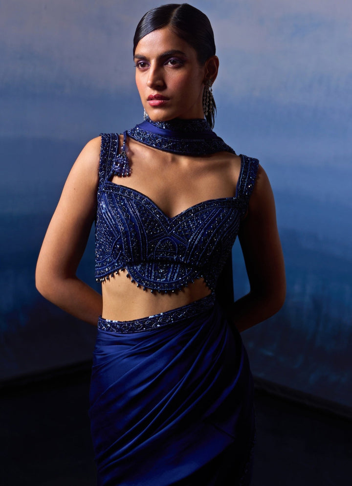 Midnight Blue Embellished Satin Saree Angad Singh - Fabilicious Fashion