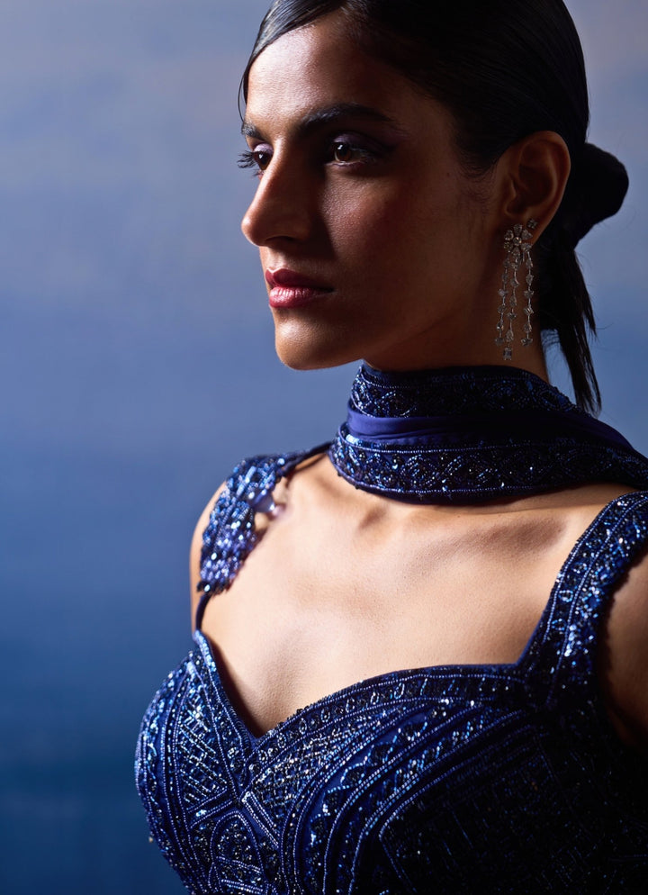 Midnight Blue Embellished Satin Saree Angad Singh - Fabilicious Fashion