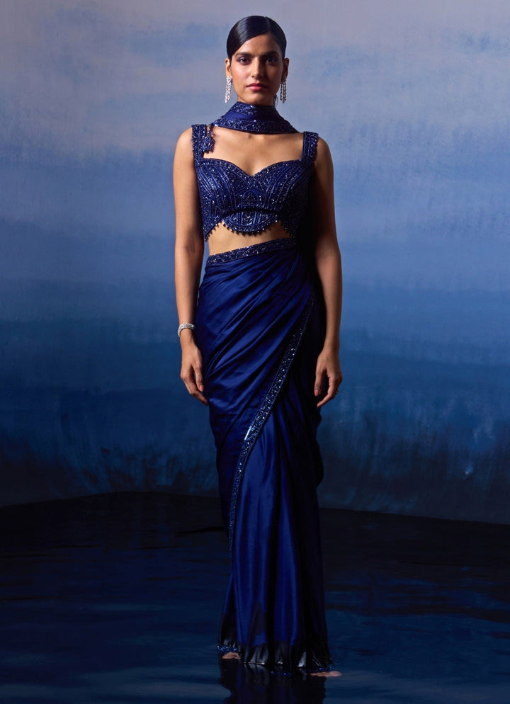 Midnight Blue Embellished Satin Saree Angad Singh - Fabilicious Fashion