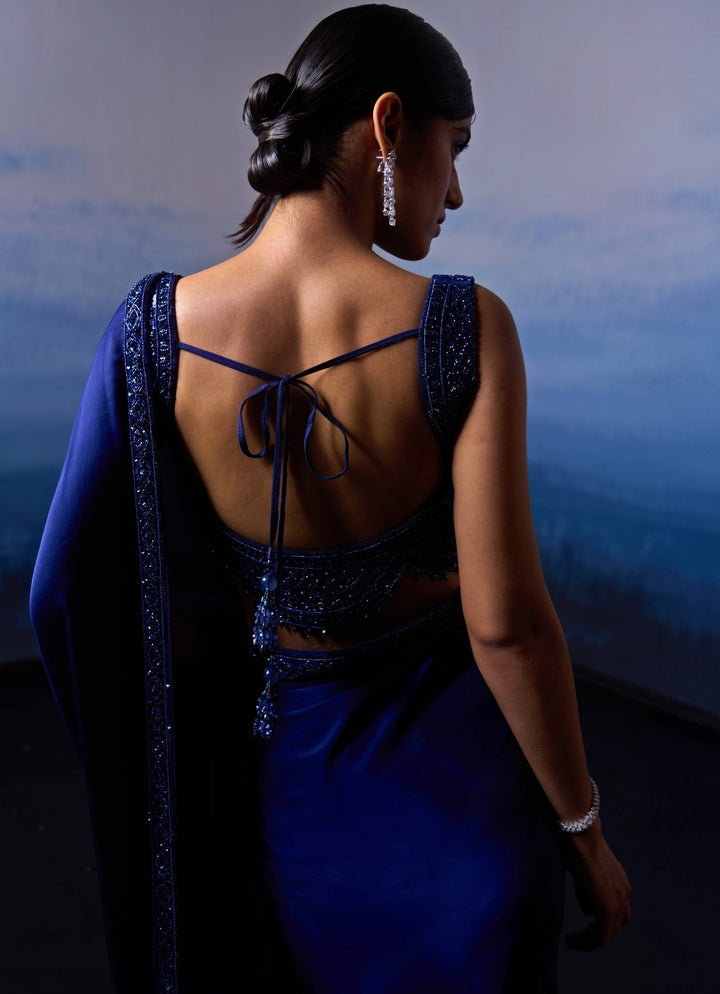 Midnight Blue Embellished Satin Saree Angad Singh - Fabilicious Fashion