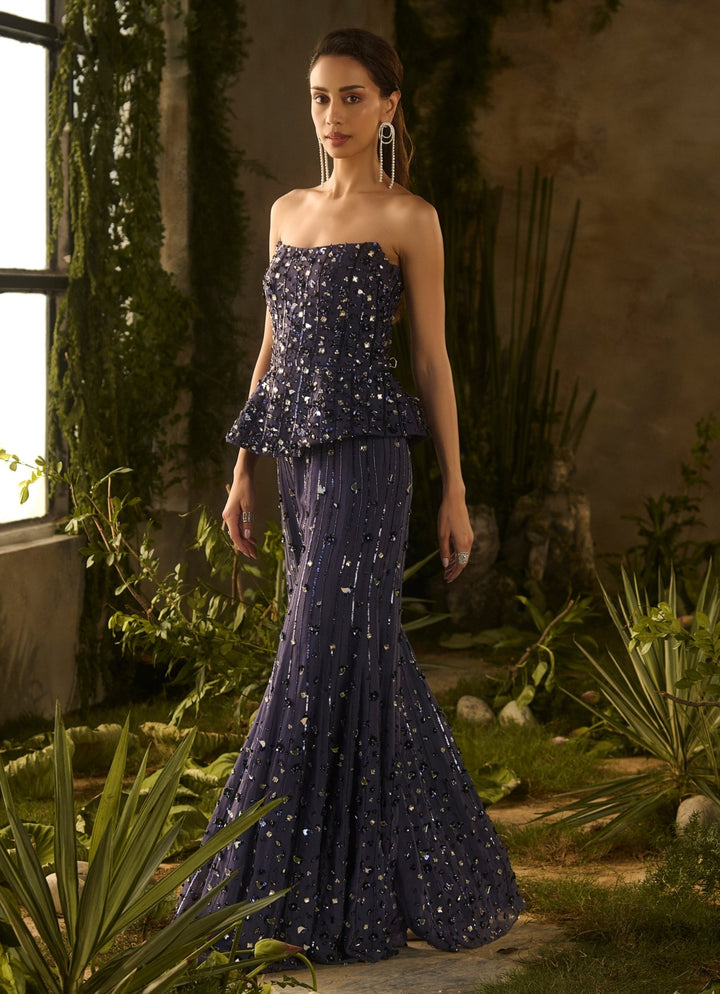 Midnight Blue Sequinned Corset Blouse Pants Set Parul Gandhi - Fabilicious Fashion