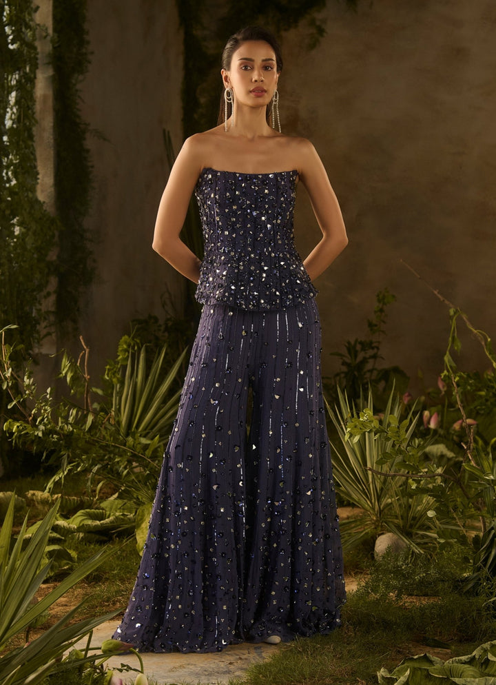 Midnight Blue Sequinned Corset Blouse Pants Set Parul Gandhi - Fabilicious Fashion