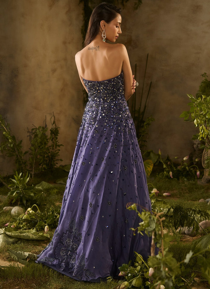 Midnight Blue Sequinned Organza Gown With Jacket Parul Gandhi - Fabilicious Fashion