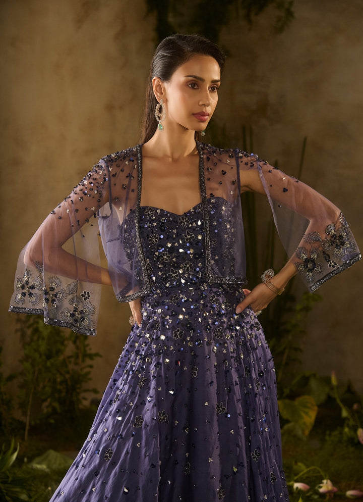 Midnight Blue Sequinned Organza Gown With Jacket Parul Gandhi - Fabilicious Fashion