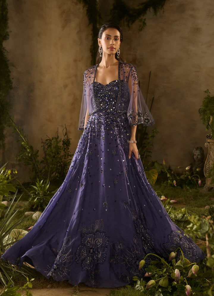 Midnight Blue Sequinned Organza Gown With Jacket Parul Gandhi - Fabilicious Fashion