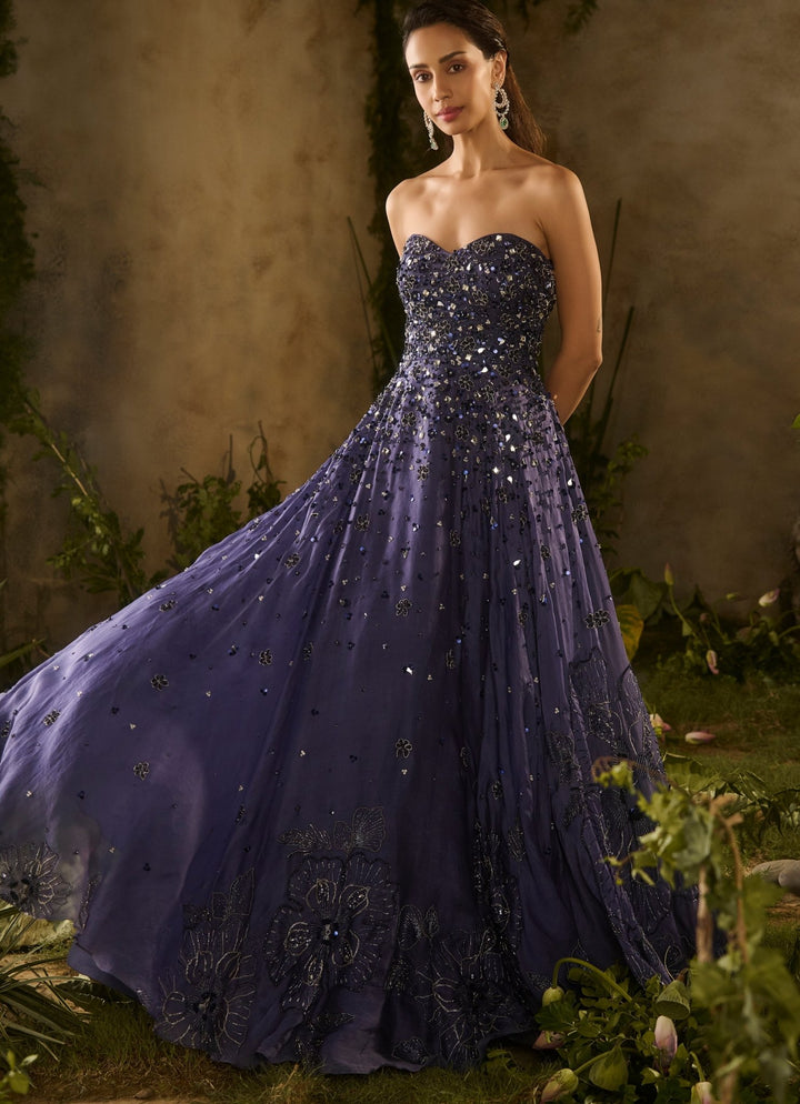 Midnight Blue Sequinned Organza Gown With Jacket Parul Gandhi - Fabilicious Fashion