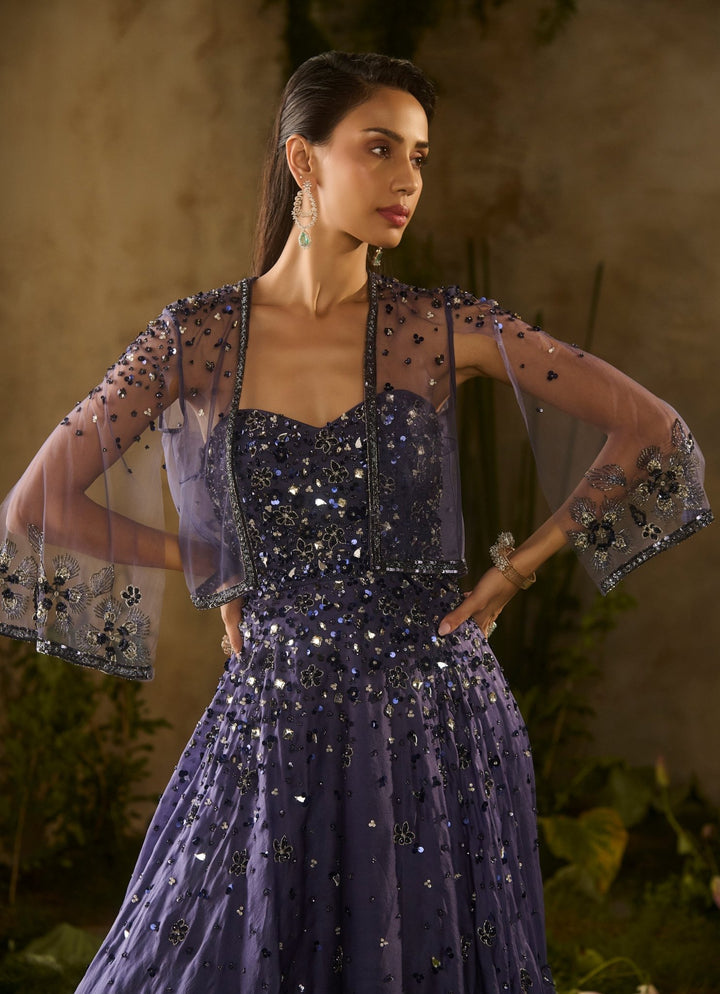 Midnight Blue Sequinned Organza Gown With Jacket Parul Gandhi - Fabilicious Fashion