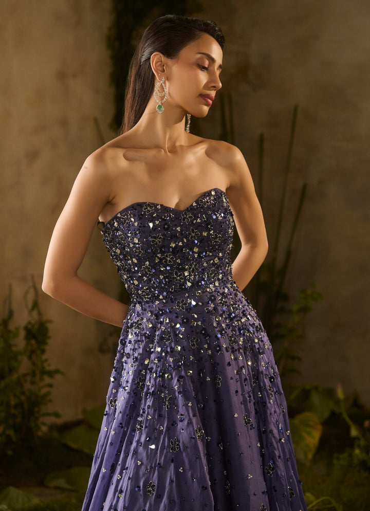 Midnight Blue Sequinned Organza Gown With Jacket Parul Gandhi - Fabilicious Fashion