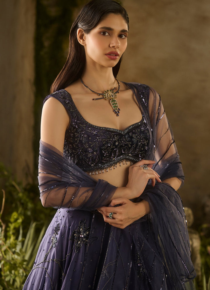 Midnight Blue Sequinned Organza Lehenga Set Parul Gandhi - Fabilicious Fashion