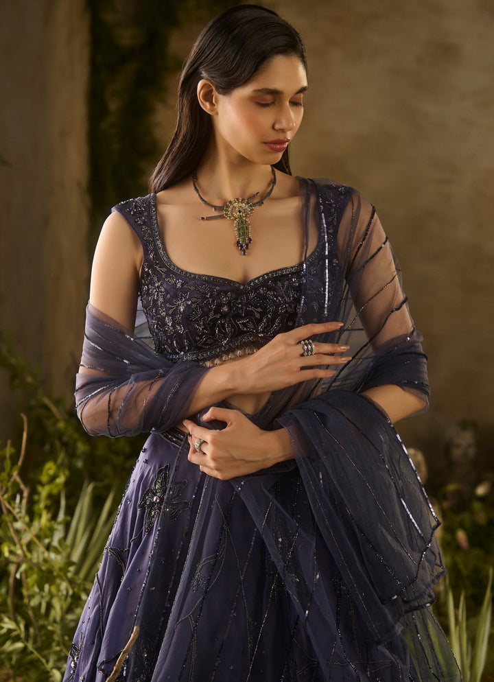 Midnight Blue Sequinned Organza Lehenga Set Parul Gandhi - Fabilicious Fashion
