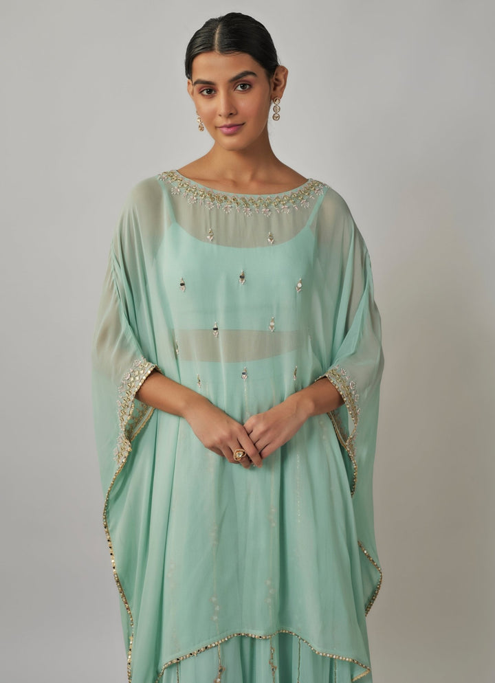 Mint Blue Mirror Embroidered Kaftan Sharara Set Renee Label - Fabilicious Fashion