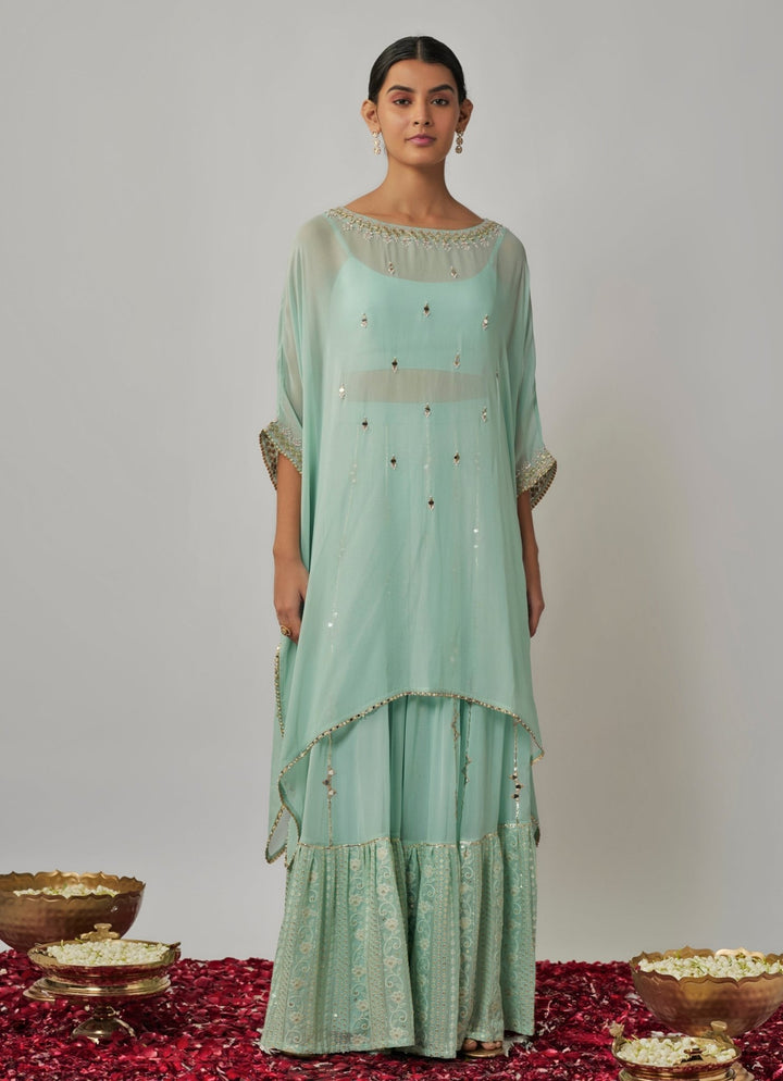 Mint Blue Mirror Embroidered Kaftan Sharara Set Renee Label - Fabilicious Fashion
