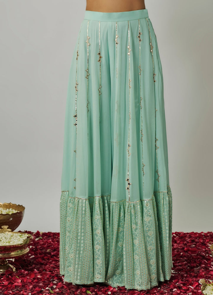 Mint Blue Mirror Embroidered Kaftan Sharara Set Renee Label - Fabilicious Fashion