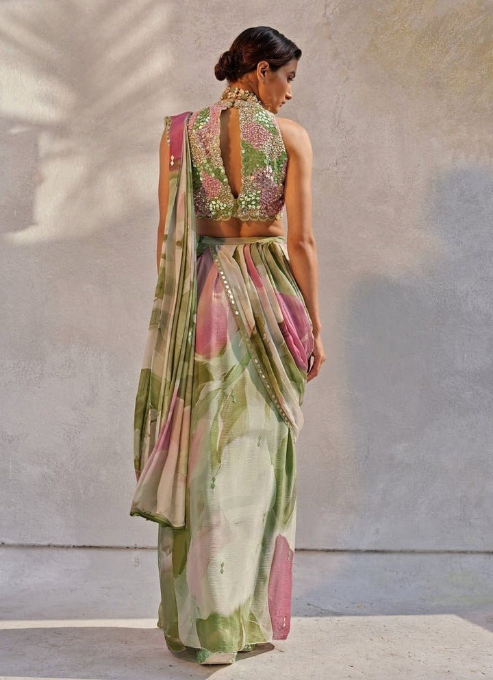 Mint Green Embellished Pre - Draped Chiffon Saree Basil Leaf - Fabilicious Fashion