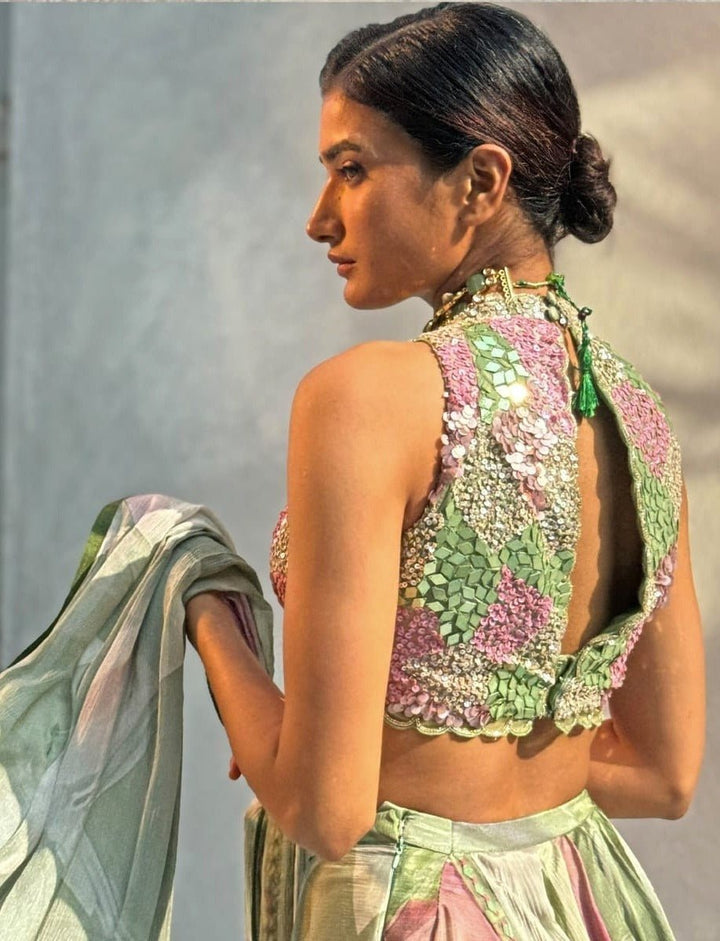 Mint Green Embellished Pre - Draped Chiffon Saree Basil Leaf - Fabilicious Fashion