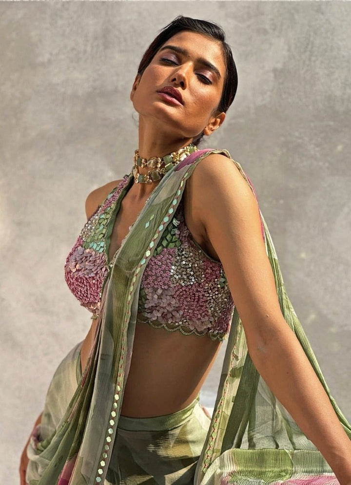 Mint Green Embellished Pre - Draped Chiffon Saree Basil Leaf - Fabilicious Fashion