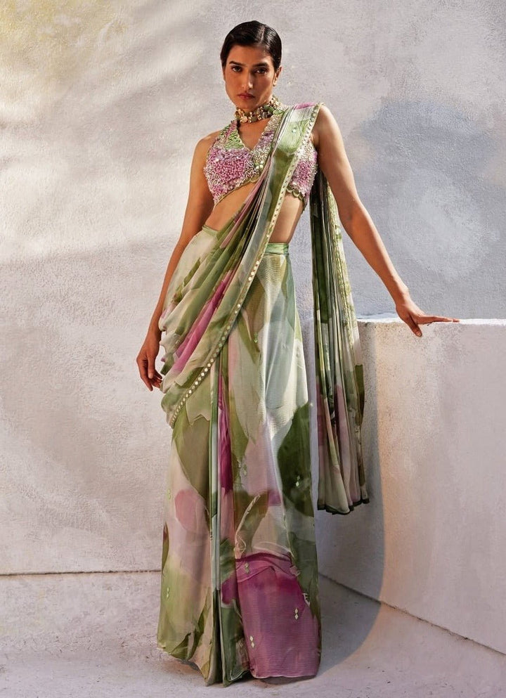 Mint Green Embellished Pre - Draped Chiffon Saree Basil Leaf - Fabilicious Fashion