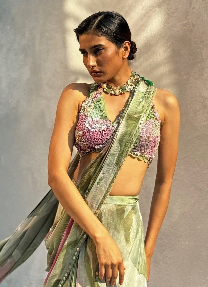 Mint Green Embellished Pre - Draped Chiffon Saree Basil Leaf - Fabilicious Fashion