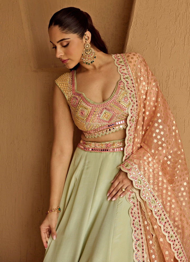 Mint Green Embroidered Tissue Lehenga Suhino - Fabilicious Fashion