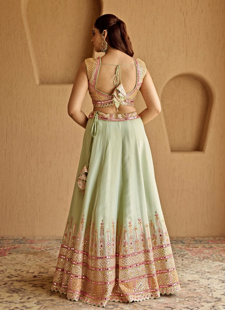 Mint Green Embroidered Tissue Lehenga Suhino - Fabilicious Fashion