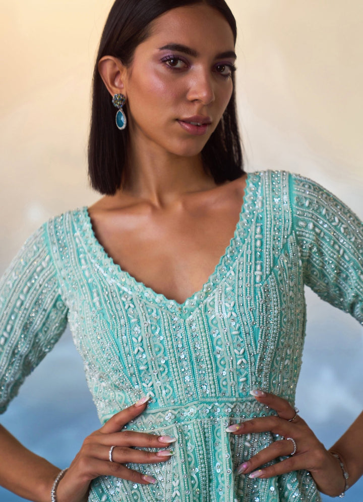 Mint Green Peplum Embroidered Organza Sharara Angad Singh - Fabilicious Fashion