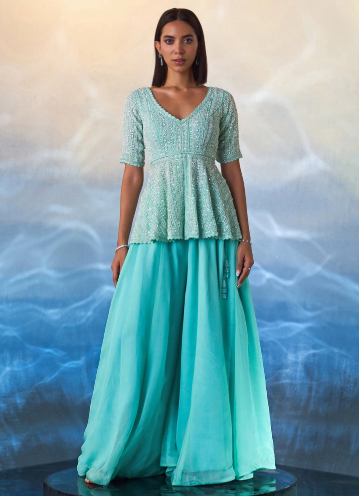 Mint Green Peplum Embroidered Organza Sharara Angad Singh - Fabilicious Fashion