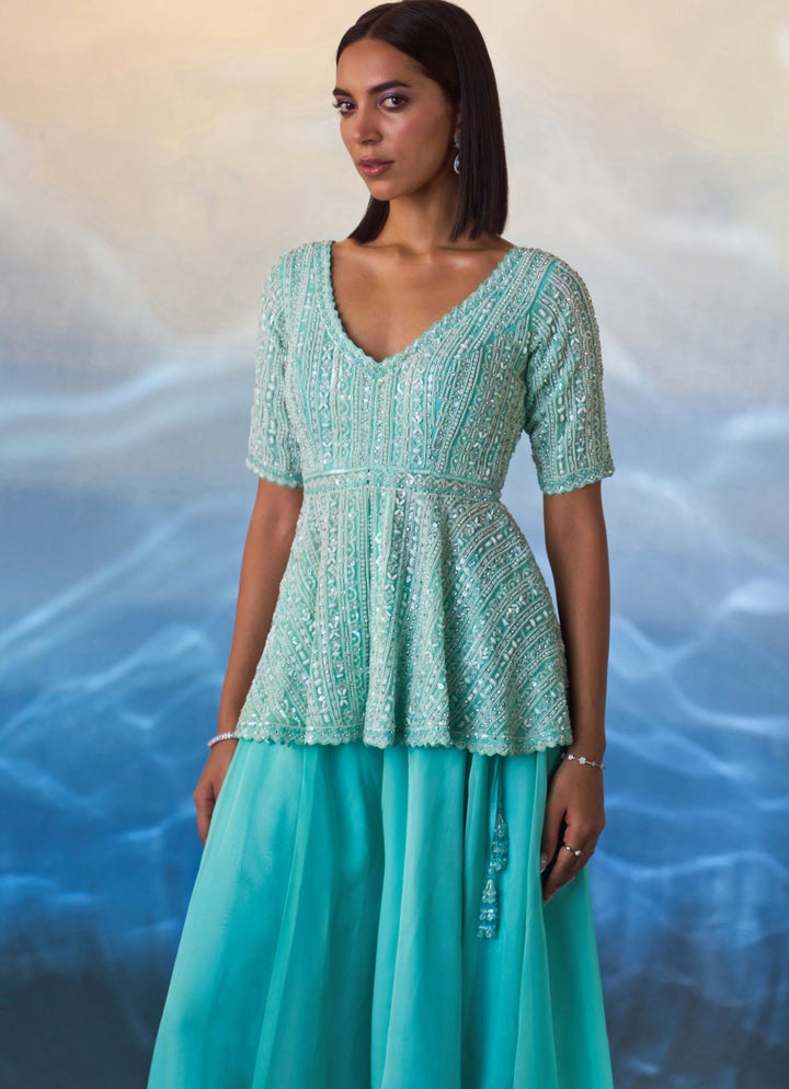 Mint Green Peplum Embroidered Organza Sharara Angad Singh - Fabilicious Fashion