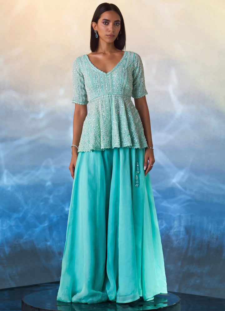 Mint Green Peplum Embroidered Organza Sharara Angad Singh - Fabilicious Fashion