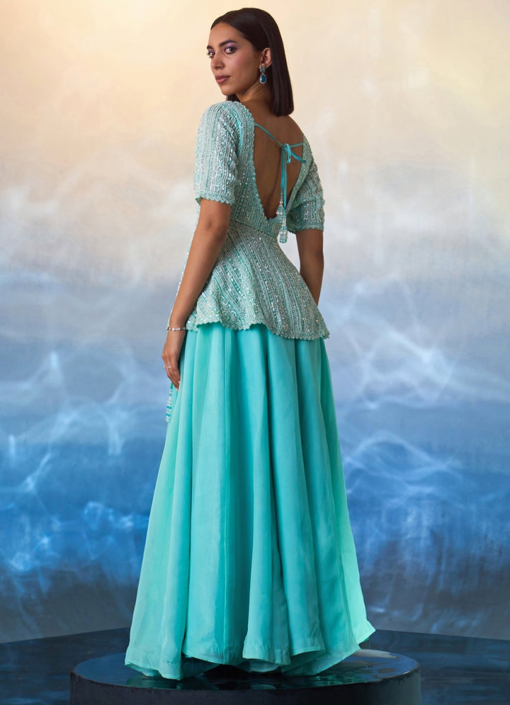 Mint Green Peplum Embroidered Organza Sharara Angad Singh - Fabilicious Fashion