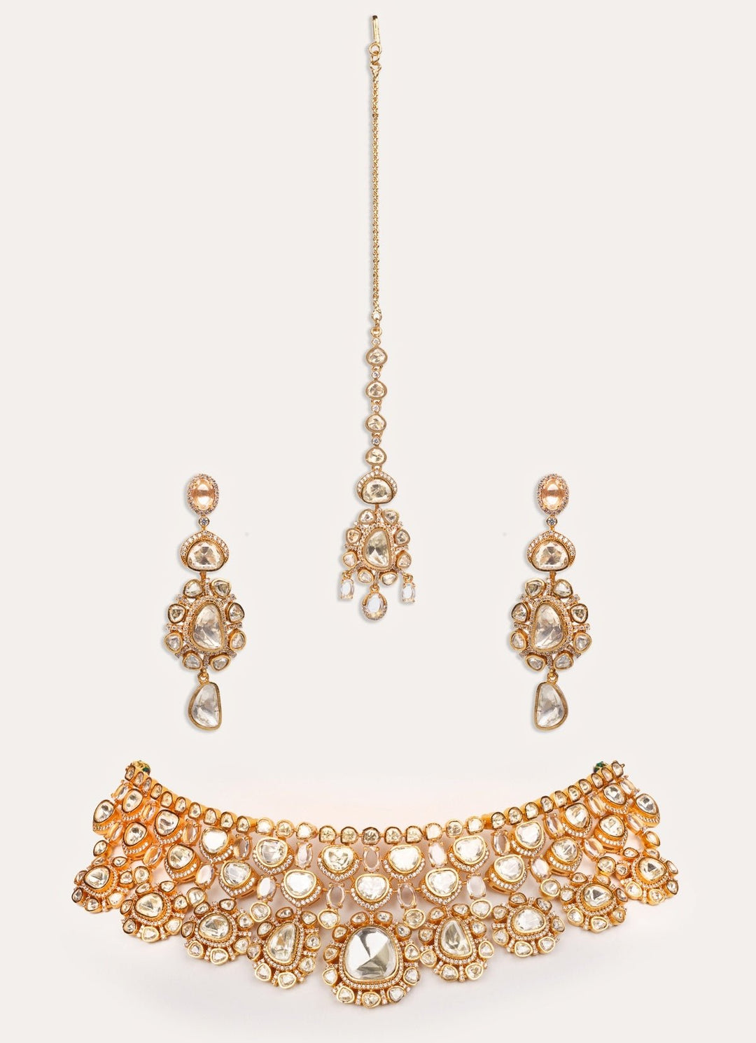 Moissanite Stone Gold Necklace Set With Maangtikka Zevar by Geeta - Fabilicious Fashion