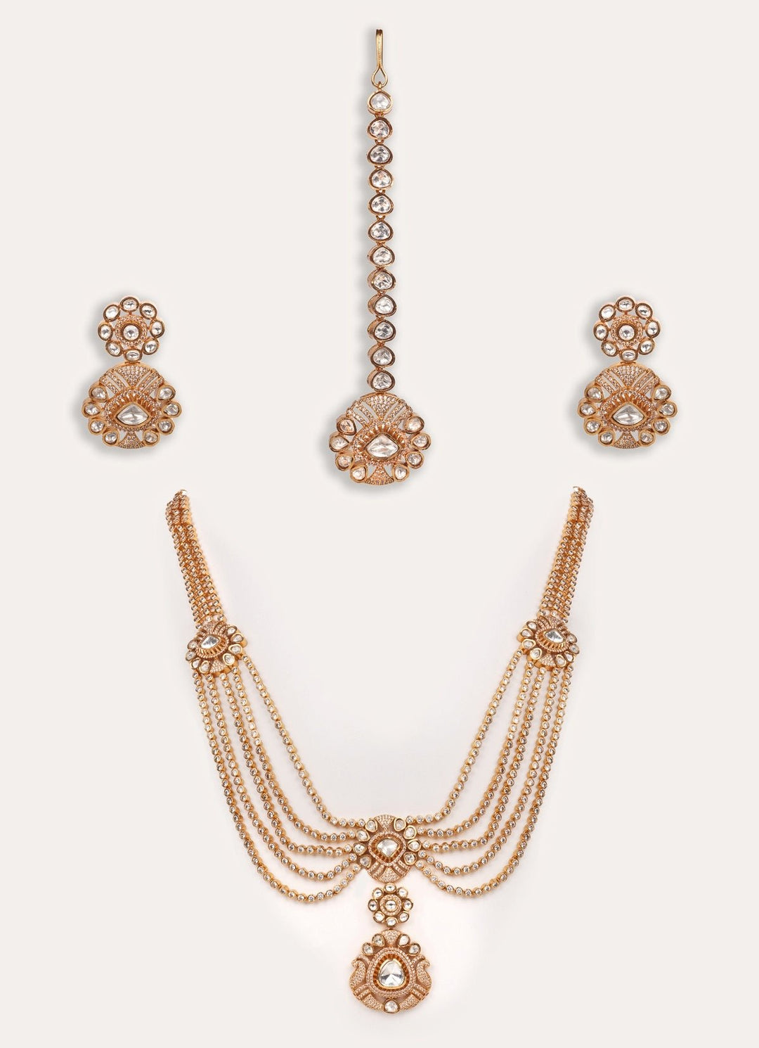 Moissanite Stone Gold Necklace Set With Maangtikka Zevar by Geeta - Fabilicious Fashion