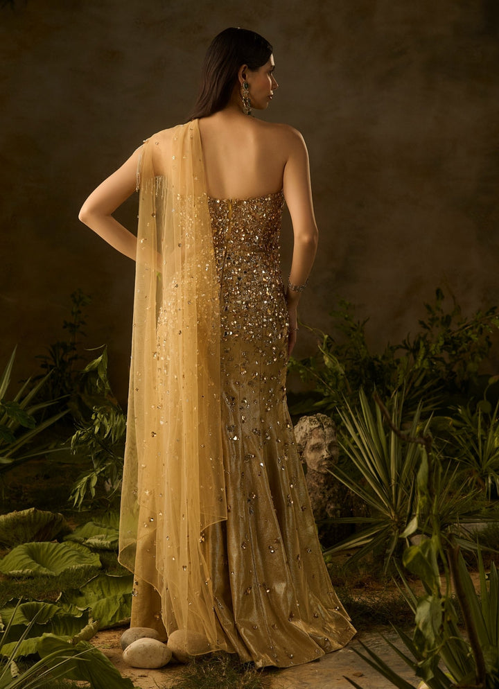 Molten Gold Sequinned Off Shoulder Gown Parul Gandhi - Fabilicious Fashion