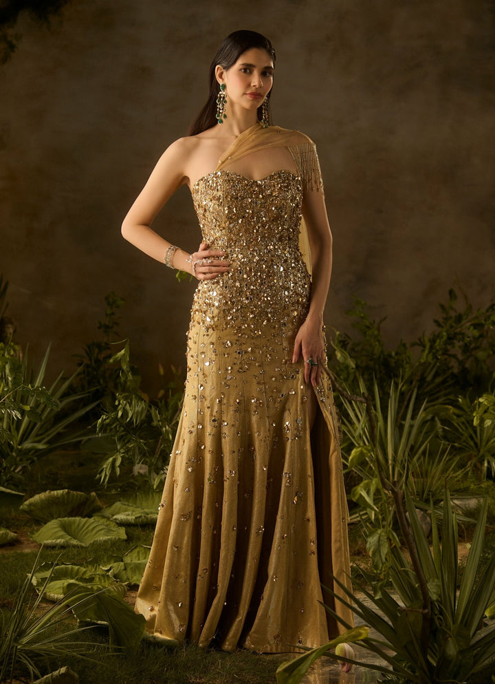 Molten Gold Sequinned Off Shoulder Gown Parul Gandhi - Fabilicious Fashion