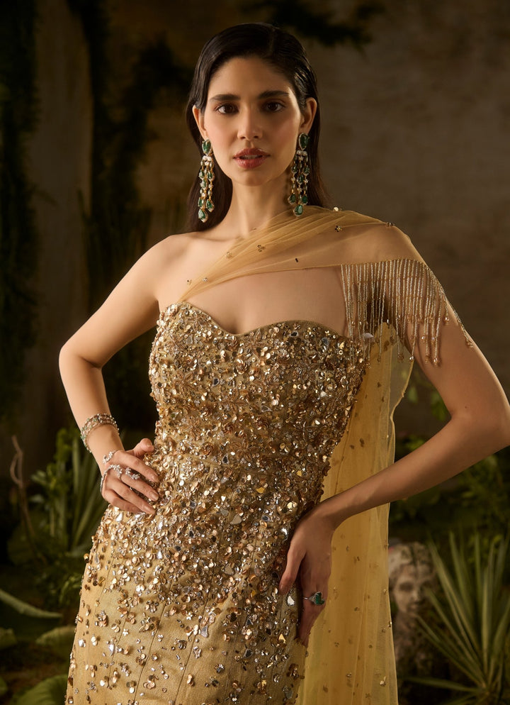 Molten Gold Sequinned Off Shoulder Gown Parul Gandhi - Fabilicious Fashion