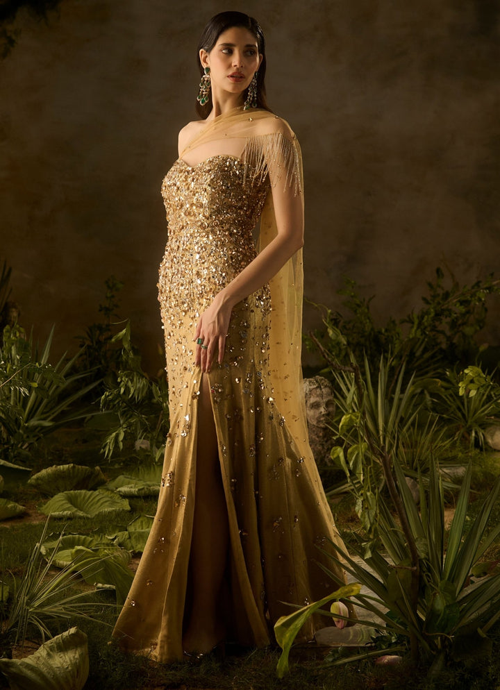 Molten Gold Sequinned Off Shoulder Gown Parul Gandhi - Fabilicious Fashion