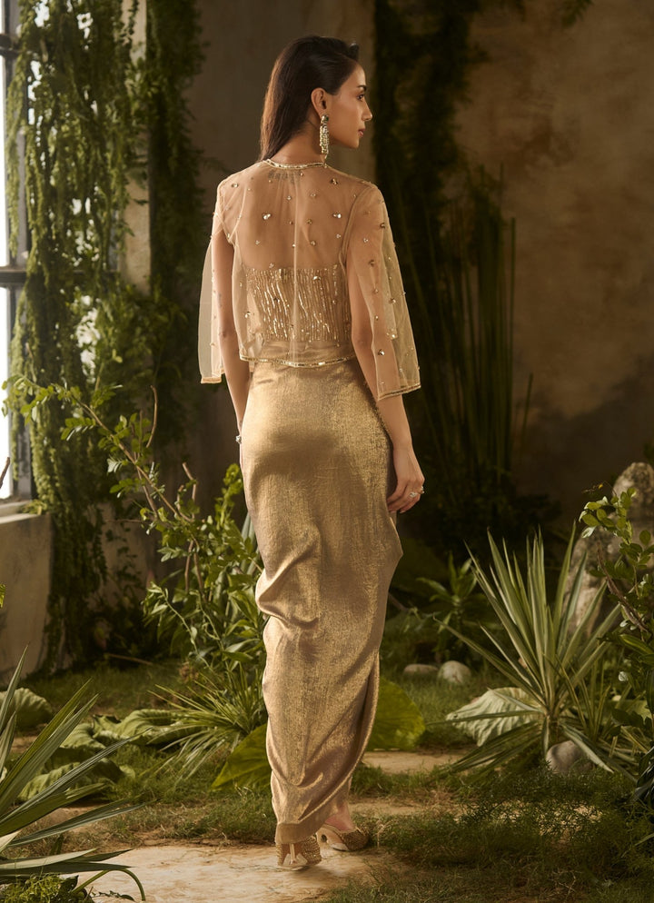 Molten Gold Silk Drape Skirt Set With Jacket Parul Gandhi - Fabilicious Fashion