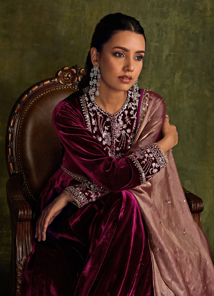 Mulberry Pink Velvet Anarkali Sanya Gulati - Fabilicious Fashion