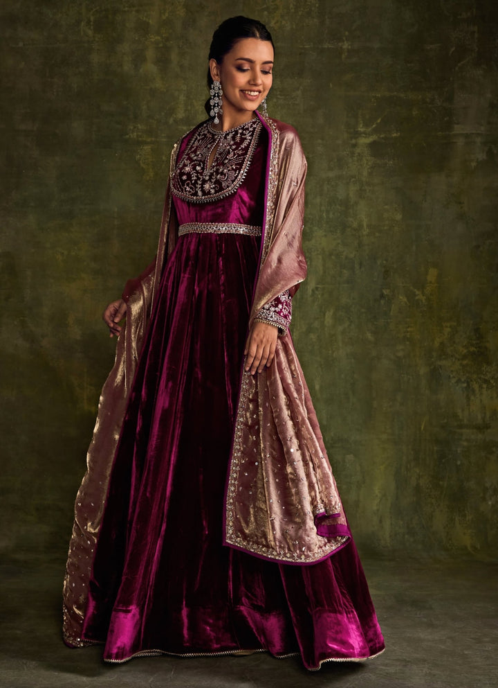 Mulberry Pink Velvet Anarkali Sanya Gulati - Fabilicious Fashion