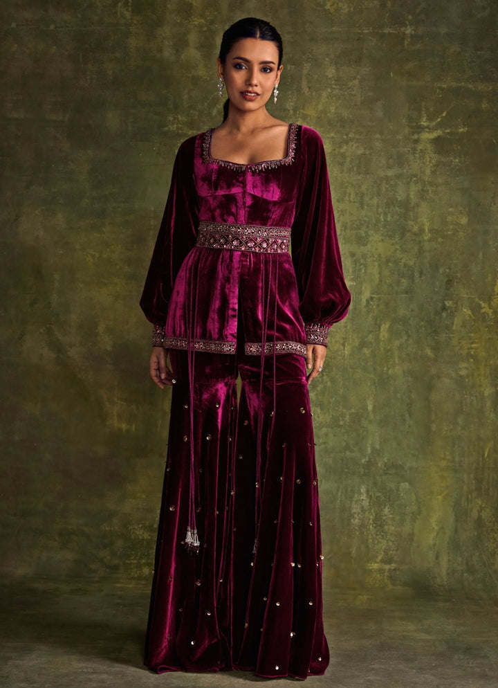 Mulberry Pink Velvet Peplum Kurta Sharara Set Sanya Gulati - Fabilicious Fashion