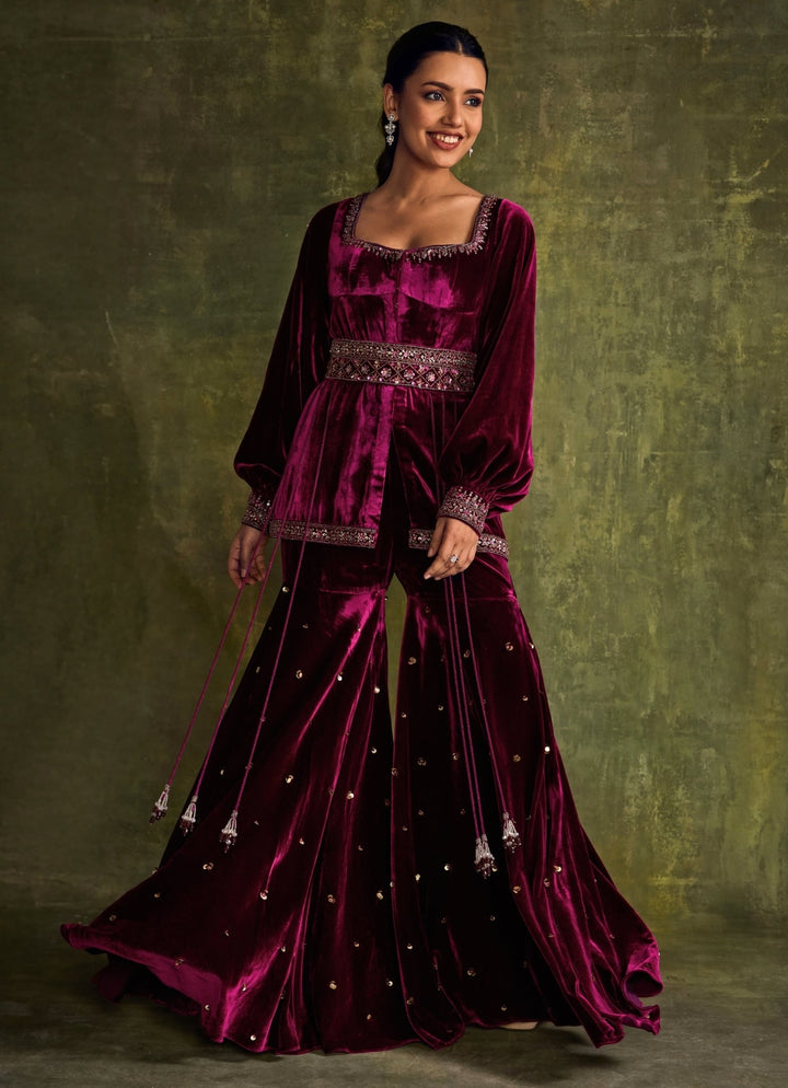 Mulberry Pink Velvet Peplum Kurta Sharara Set Sanya Gulati - Fabilicious Fashion