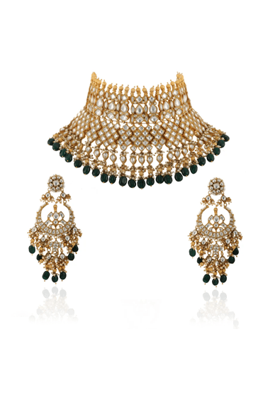 Multi Layered Bridal Necklace With Kundan And Green Beads