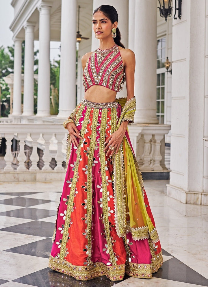 Multicolour Mirrorwork Silk Lehenga Set Nidhika Shekar - Fabilicious Fashion