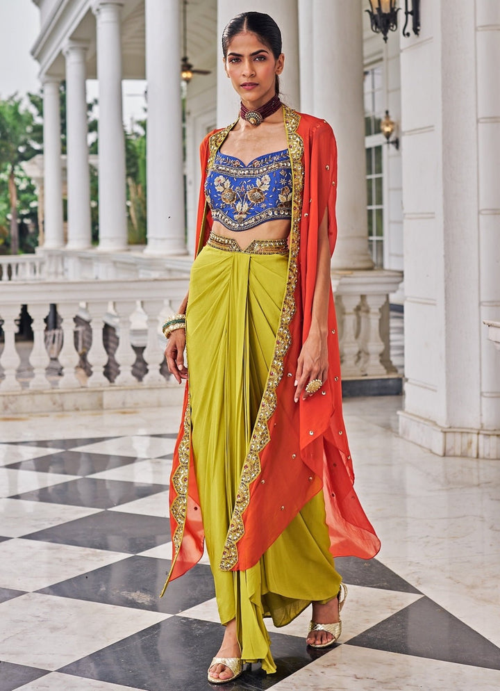 Multicolour Sequinned Dhoti Set With Cape Nidhika Shekar - Fabilicious Fashion