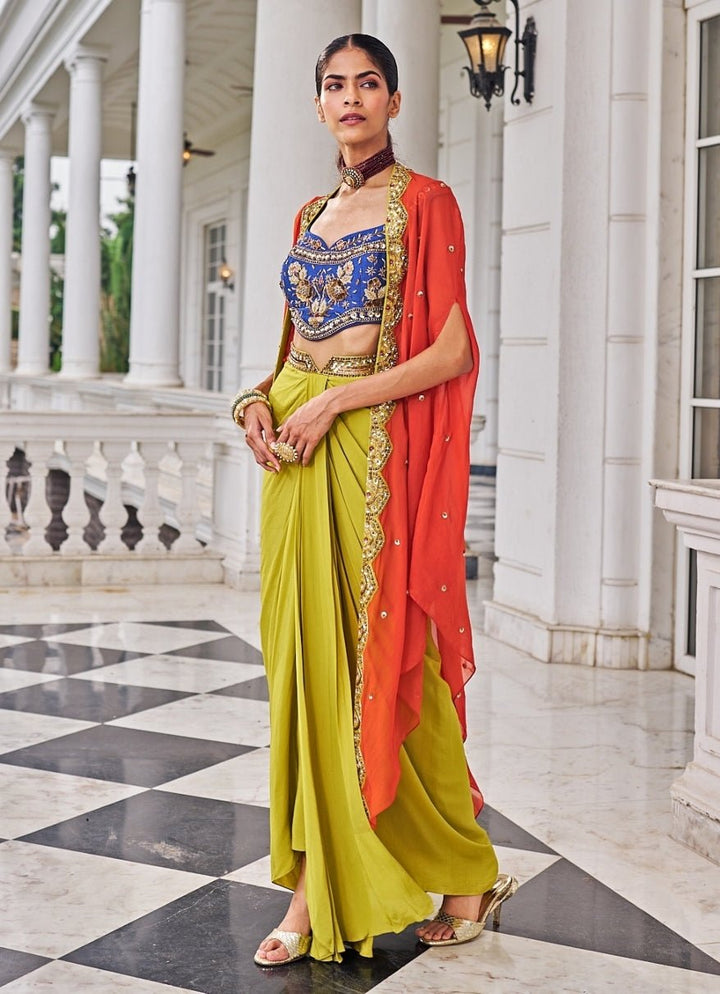 Multicolour Sequinned Dhoti Set With Cape Nidhika Shekar - Fabilicious Fashion